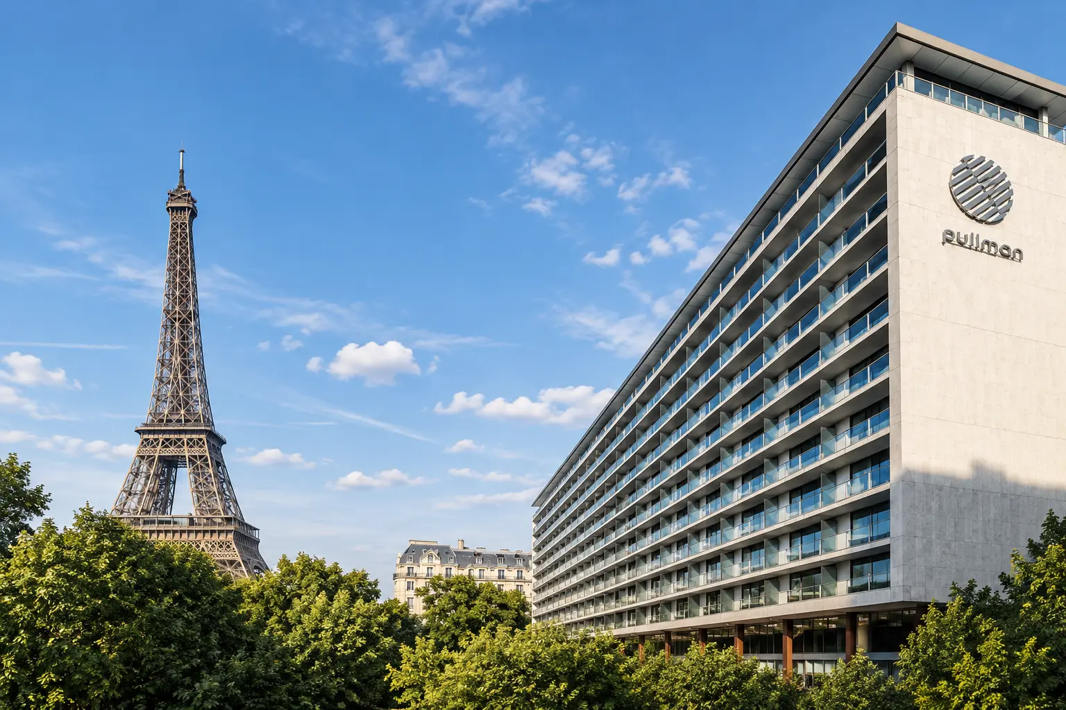 Pullman Paris Tour Eiffel façade and Eiffel Tower — enhanced exterior image